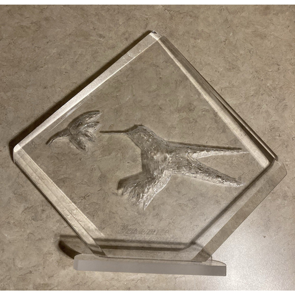 Vintage 1995 Acrylic Etched Lucite Hummingbird And Flower Signed Sculpture
